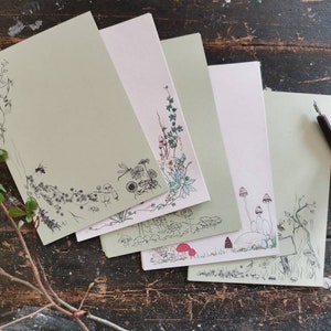 Nature note paper selection pack, recycled paper stationery illustrated with insects, wildflowers and mushrooms. Goblincore stationery