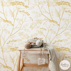 Floral Nursery Removable Wallpaper, Gold Meadow Design Baby Room Wallpaper, Wildflower Print Self adhesive and Traditional Wallcovering