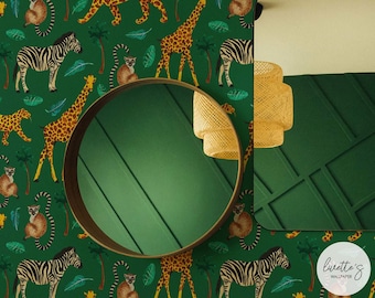 Green Jungle Animal Wallpaper, Safari Nursery Decor, Peel & Stick