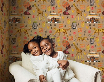 African Village Design Wallpaper / Traditional or Self adhesive Wallpaper for Kids Room