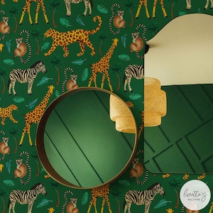 Jungle Wallpaper Green Accent Wall Nursery Wallpaper Safari Nursery Decor Animal Print Wallpaper Safari Themed Nursery Dark Green Wallpaper