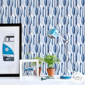 Blue Watercolor Design Wallpaper, Modern Teen Room Wallpaper Print, Removable Temporary or Traditional