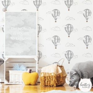 Wall Grey Watercolor Air Balloon Removable Wallpaper, Baby Nursery Decor, Traditional or Self adhesive Wallpaper