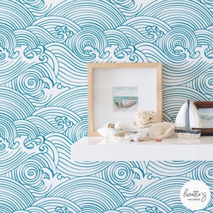 Costal style wave pattern wallpaper in blue