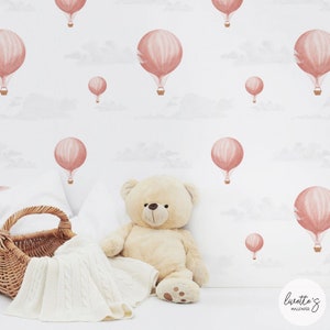 Pink Vintage Hot Air Balloon Removable Wallpaper, Girls Nursery Room, Traditional or Self adhesive
