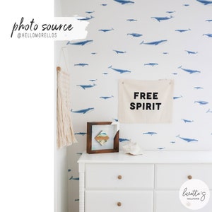 Petrol Blue Whale Pattern Wallpaper, Ocean Animals Themed Peel and Stick Removable or Traditional Wallpaper