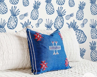 Papier peint ananas bleu denim, chambre de bébé, imprimé fruits, papier peint amovible amovible ou papier peint traditionnel