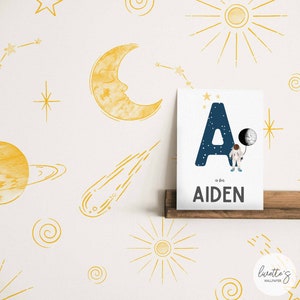 Vintage Space Themed Nursery Wallpaper, Yellow Stars Wallpaper in Temporary or Traditional material
