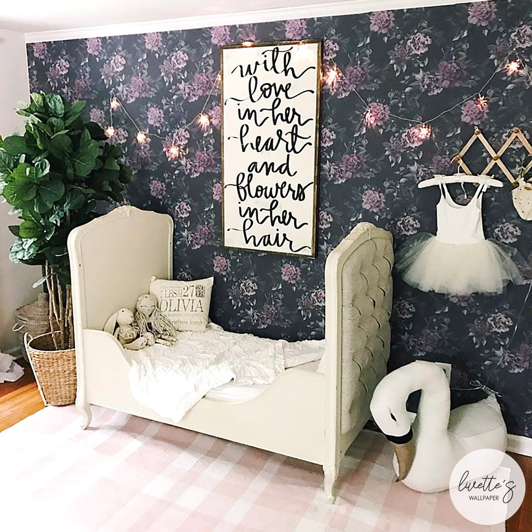 Nursery Dark Floral Wallpaper Girls Room Peony Watercolor - Etsy