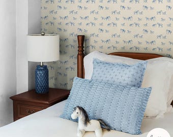 Light Blue Horse Wallpaper for Baby Girl Room, Removable Wall Art