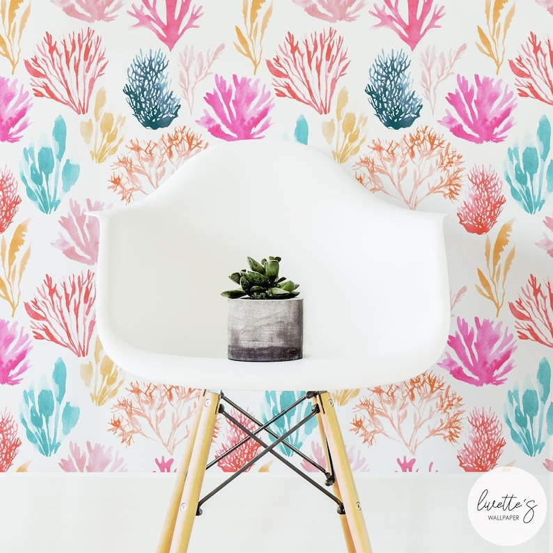 Watercolor Coral Peel and Stick Wallpaper Nautical Nursery Etsy