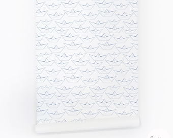 Blue Paper Boat Wallpaper, Coastal Nursery Peel and Stick