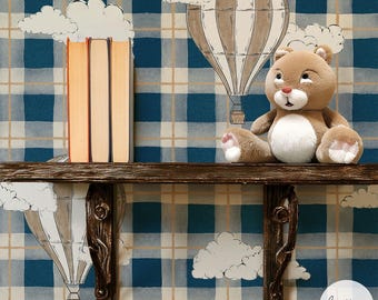 Blue Plaid Air Balloon Wallpaper: Vintage Travel Kids Room Design