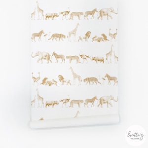 May include: Gold animal wallpaper featuring a repeating pattern of giraffes, zebras, elephants, lions, tigers, ostriches, and peacocks. The wallpaper is on a white background.