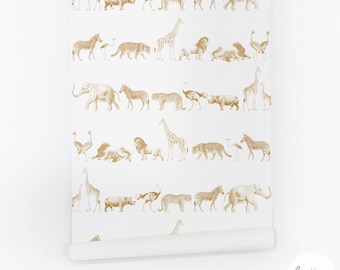 Safari Animals Removable Wallpaper, Gender Neutral Nursery, Ochre Color Self adhesive and Traditional Wallcovering