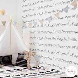Safari Animals Removable Wallpaper, Gender Neutral Nursery, Grey Color Self adhesive and Traditional Wallcovering