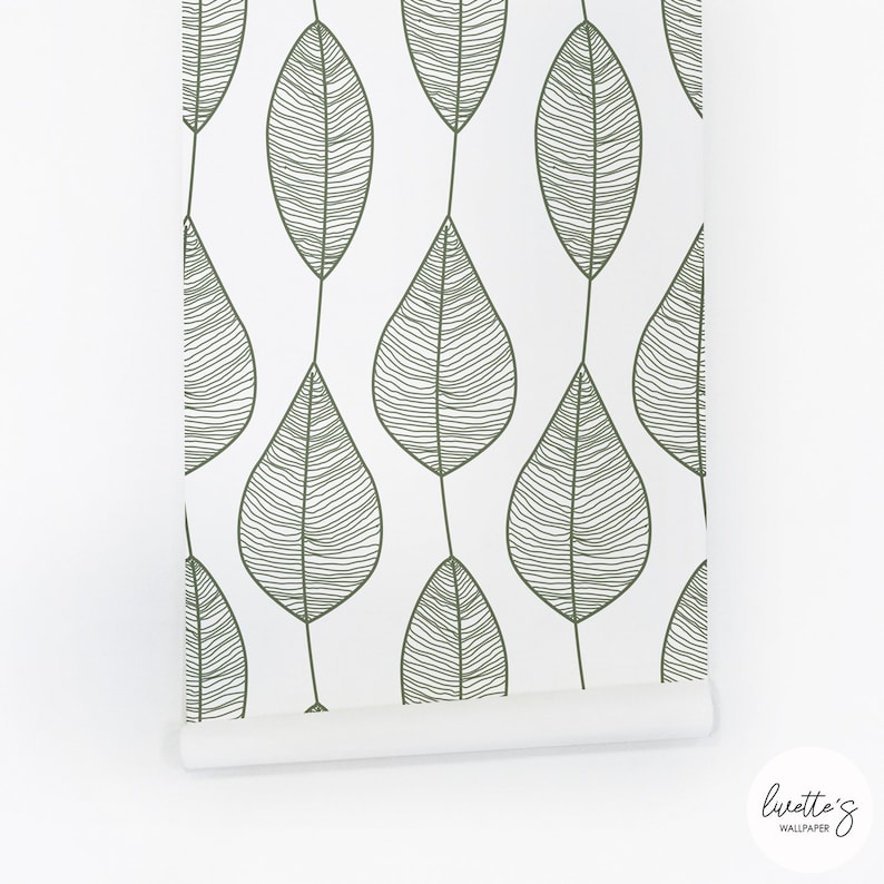 Olive Green Leaves Wallpaper Botanical Wallpaper / Available Etsy