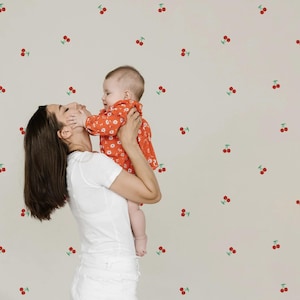 Fruit Wallpaper Red Wall Decorations Nursery Wall Decals Tiny Cherries Print Neutral Peel And Stick Wallpaper French Country Interior Design