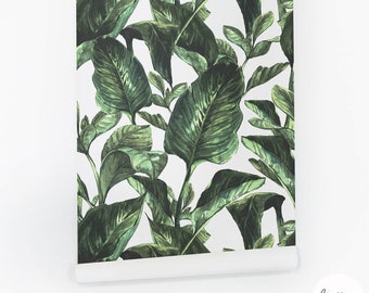 Tropical Leaf Peel and Stick Wallpaper, Dark Green Botanical Print