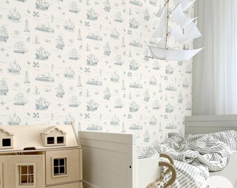 Blue Ship Wallpaper, Coastal Nursery Decor (Peel and Stick)