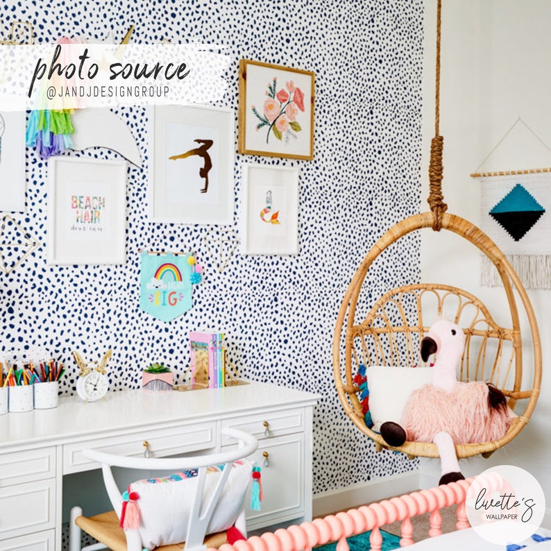 Navy blue Dalmatian print wallpaper in an bohemian interior design kids room