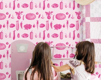 Pink Wallpaper Vegetable Print Wallpaper Kids Room Wallpaper Bright Pink Wallpaper Girls Room Wallpaper Food Inspired Wallpaper Veggie Print