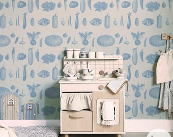 Blue Wallpaper Vegetable Wallpaper Kids Room Wallpaper Soft Blue Wall Paper Farmhouse Wallpaper Food Wallpaper Vintage Wallpaper
