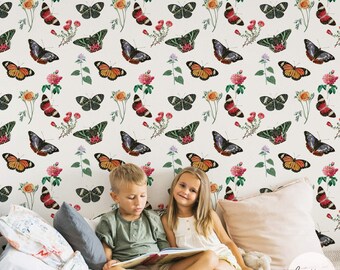 Meadow of Butterflies, Floral Butterfly Wallpaper / Traditional or Self adhesive Wallpaper