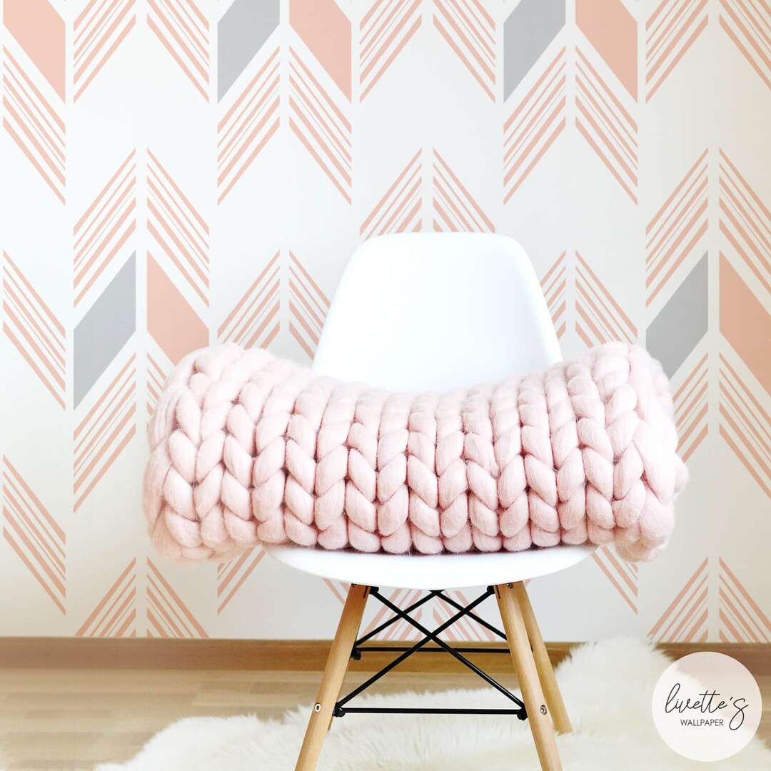 Pink Herringbone Nursery Wallpaper, Bohemian Baby Room, Temporary or