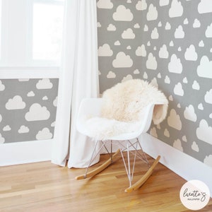 Grey cloud removable wallpaper in a boho style kids room