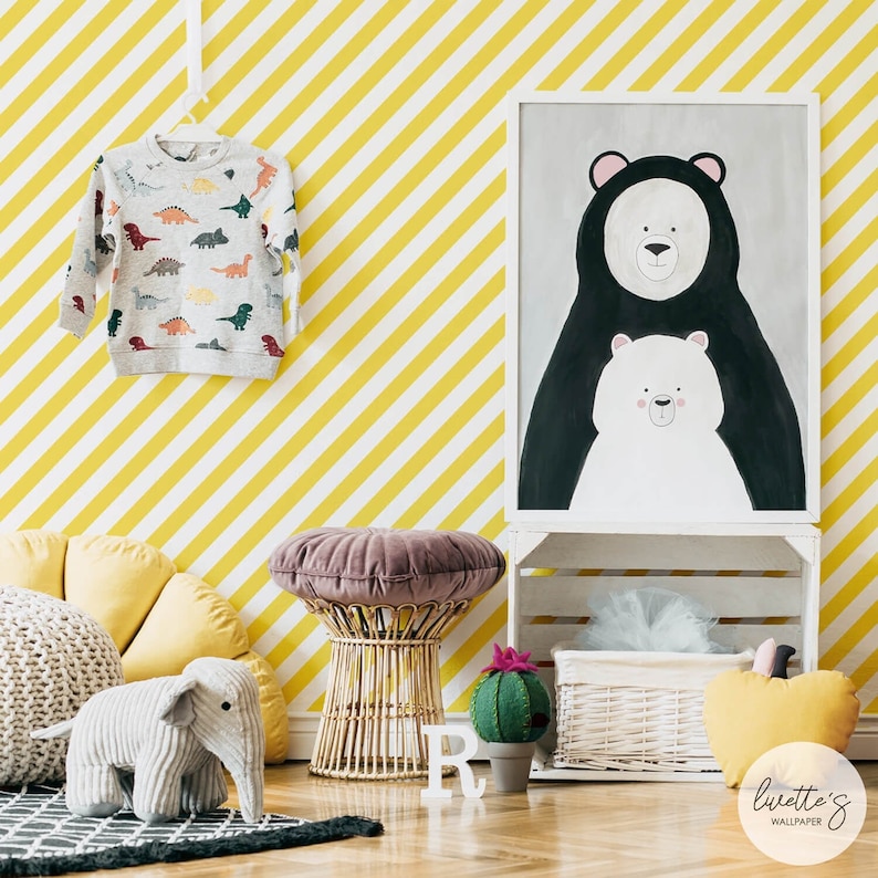 Yellow Kids Playroom Wallpaper Diagonal Lines Baby Room Etsy