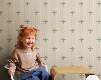 Vintage Airplane Wallpaper: Green Aviation Print for Kids Rooms