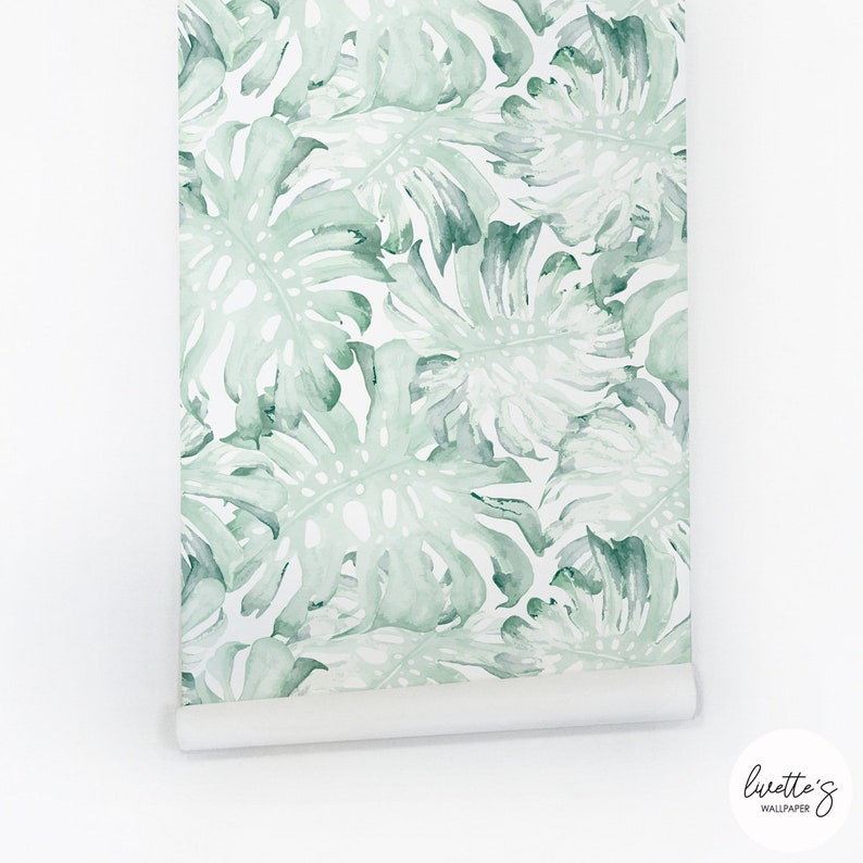 Panel of the palm leaf removable wallpaper in watercolor green