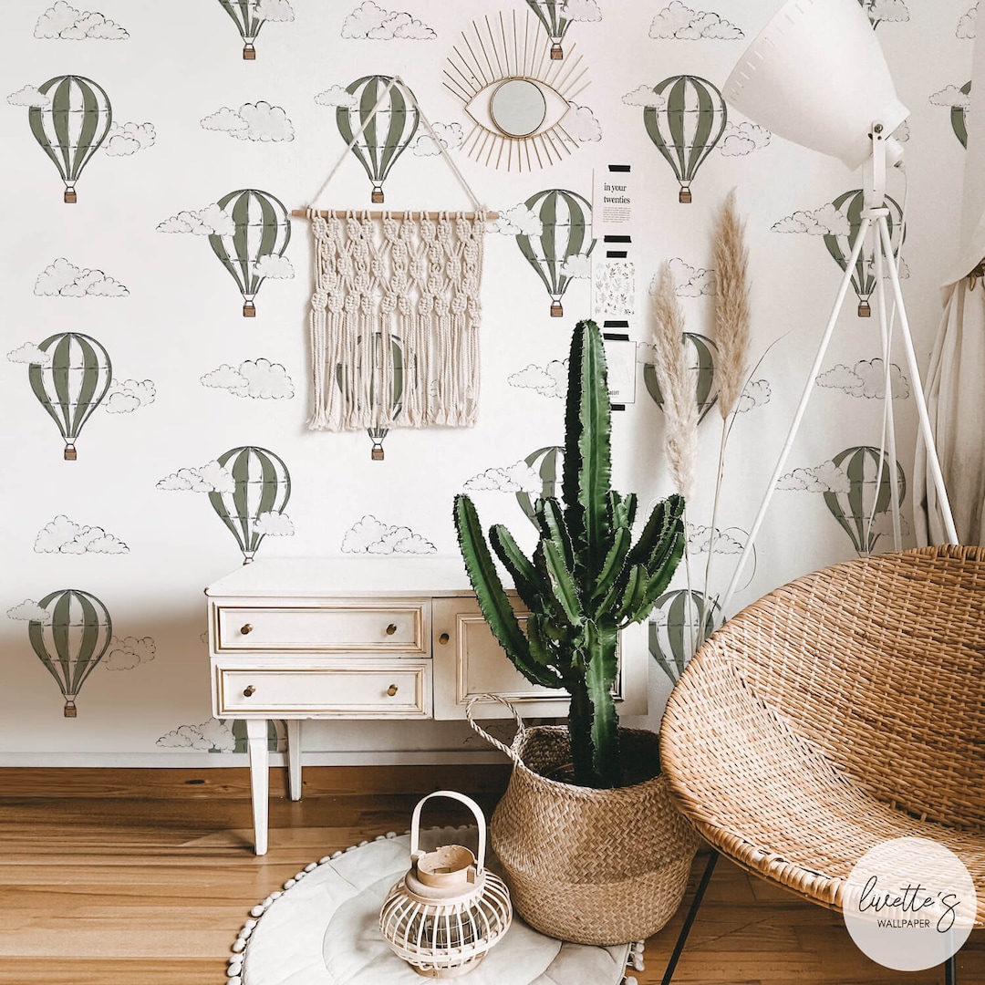 Boho Hot Air Balloon Nursery Wallpaper, Green Peel and Stick - Etsy