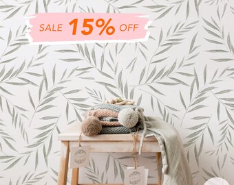 Fern Leaves Nursery Removable Wallpaper, Minimal Design Baby Room Wallpaper, Self adhesive and Traditional Wallcovering