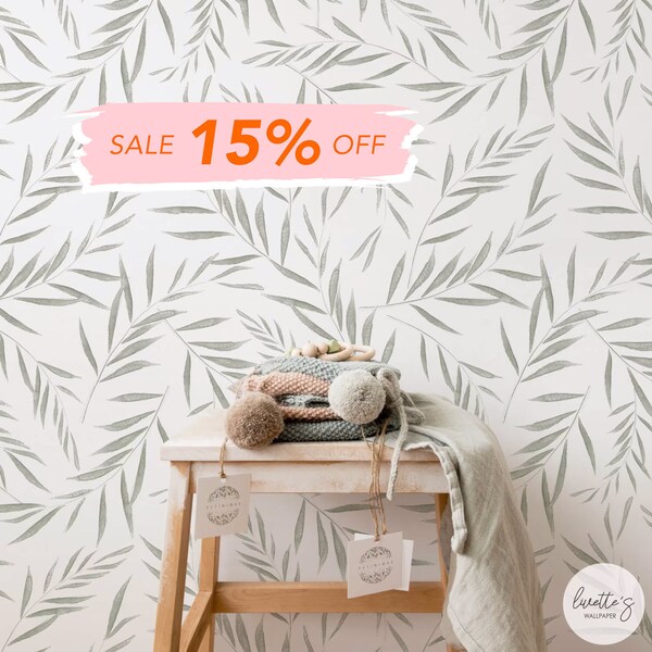 Fern Leaves Nursery Removable Wallpaper, Minimal Design Baby Room Wallpaper, Self adhesive and Traditional Wallcovering