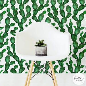 Watercolor cactus removable wallpaper in a bohemian interior design room