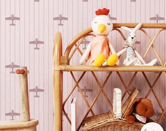 Boho Airplane Wallpaper for Girls Bedroom, Baby Pink Kids Room Decor