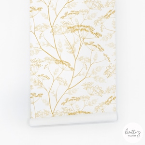 Floral Nursery Removable Wallpaper, Gold Meadow Design Baby Room Wallpaper, Wildflower Print Self adhesive and Traditional Wallcovering