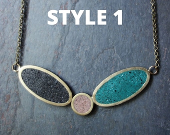 Necklace in geometric colored CEMENT. Elegant and minimal necklaces with brass inserts. Available in 2 shapes and 2 different colors