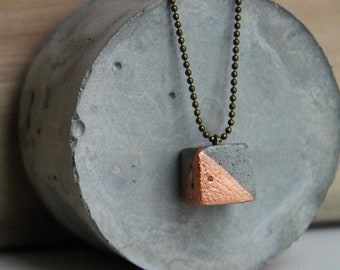 CUBE geometric necklace in CEMENT, with GOLD 23 carat and copper leaf details. Pendant very light, modern, minimal. Christmas necklace gift