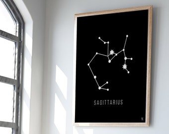 Zodiac Printable Wall Art, Astrology, Sagittarius, Black and White, Art Print, Poster, Stars, Constellation, Digital Art