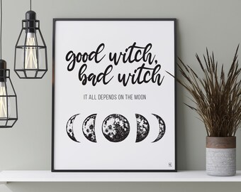Luna, Arte de pared imprimible, Bruja, Tipografía, Blanco y negro, Impresión de arte, Cartel, Pagan, Wiccan, Arte Digital