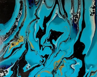 Beyond the Sea; Beautiful swirls of blues, black and shiny gold, original abstract acrylic painting 16x20in canvas