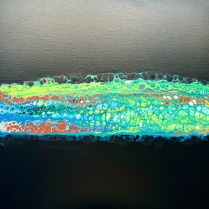 マイクロバイオーム; 美しい手作りのアクリル絵画 12x12x1 緑、メタリック銅、ターコイズ「断面」と黒のニュートラルスペース