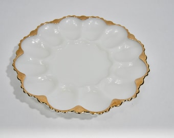 Vintage Fire King milk glass with gold rim deviled egg plate