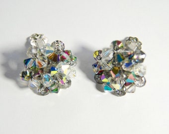 Vintage Aurora Borealis cluster bead clip on earrings