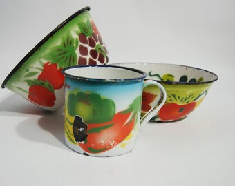 Vintage Enamelware fruit and veggie bowls and cup