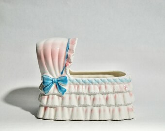 Vintage 1962 Mid Century Relpo blue and pink baby cradle planter