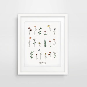 Botanische bloemen aquarel print 8x10 en 5x7/pen en inkt botanische bloemen digitale print/eenvoudige minimalistische aquarel afdrukbaar
